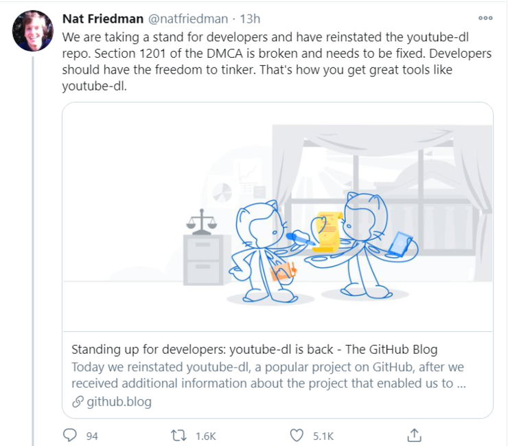 捍卫开发者！GitHub重新上架星标7.2万热门开源项目YouTube-dl，是哪里来的底气？
