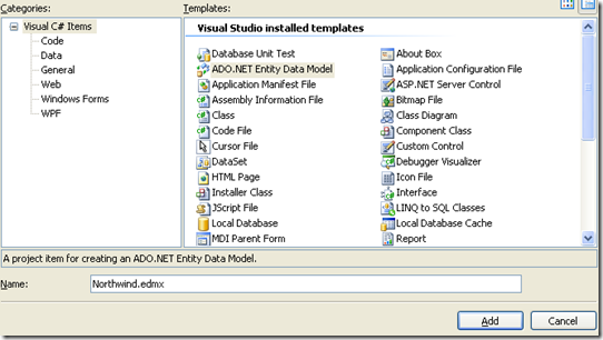 ADO.NET Entity Data Model选项