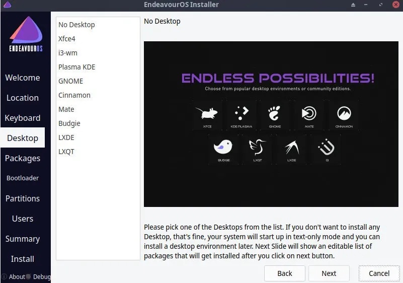 EndeavourOS 安装程序显示无桌面和其他选项