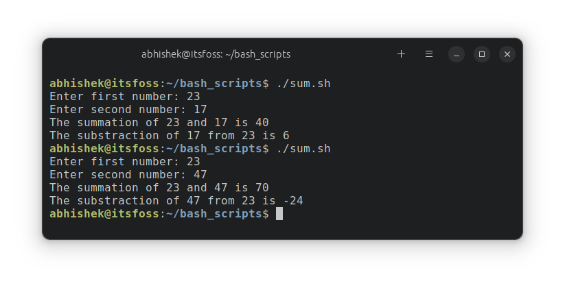 Example of addition and subtraction in Bash shell script